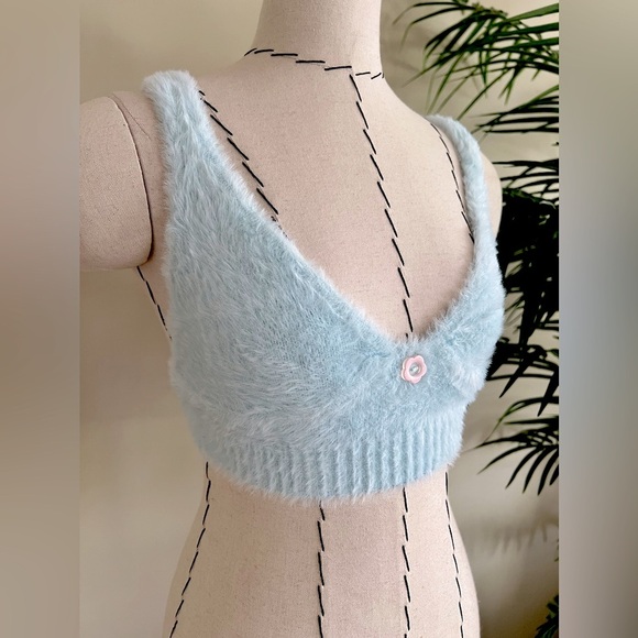 For Love & Lemons Light Blue Fuzzy Bralette | XXS | Fuzzy Top V Back NWOT - Picture 1 of 8